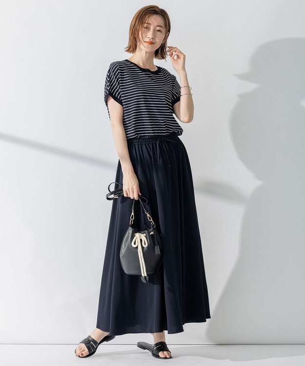 23区 【洗える/好評につき新色追加】レーヨンポリエステルストレッチ プルオーバー ニット ネイビー×オフボーダー