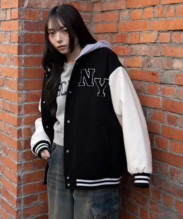 WEGO 2WAYフード付きビッグスタジャン ブラック