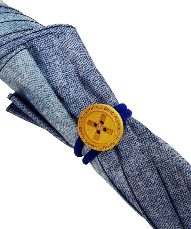 +RING 【限定/日本製】プラスリング 晴雨兼用傘（長ショート）BLU denim-like pattern-chestnut handle SR224 青