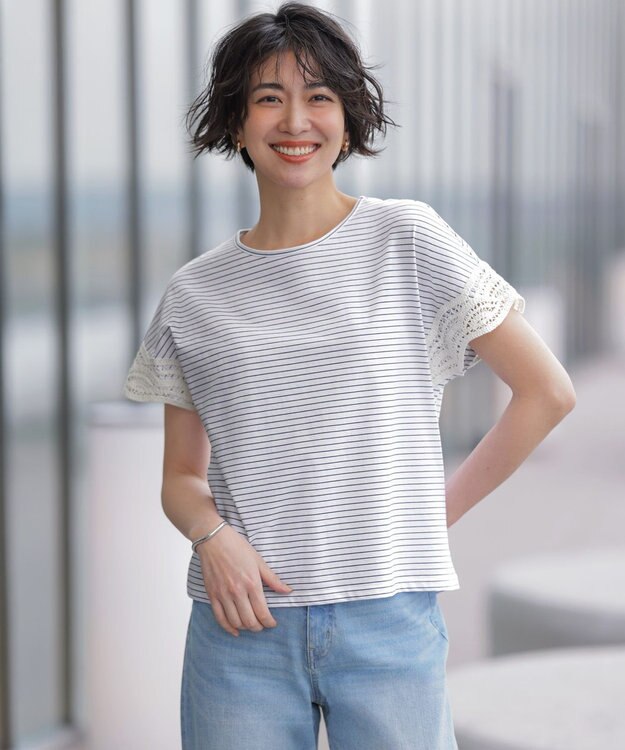 J.PRESS LADIES 【一枚で着映え・シーンレスに活躍】コットンスムース レースデザイン カットソー