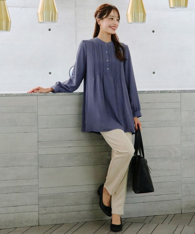 Tiaclasse 【スマート裏起毛・新色追加】 ピンタックシャツチュニック ブルー