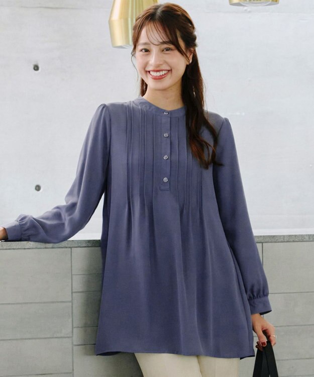 Tiaclasse 【スマート裏起毛・新色追加】 ピンタックシャツチュニック ブルー