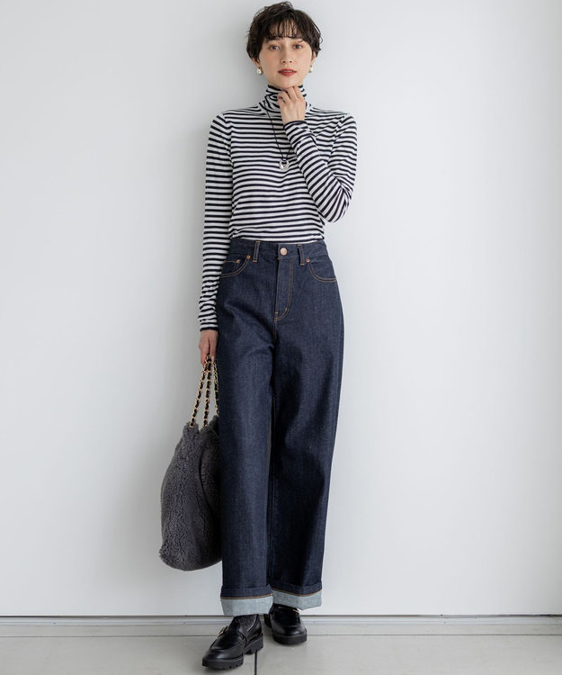 23区 S 【CLASSY.掲載/洗える】スムージーコットン タートルネック ニット オフ×チャコール系