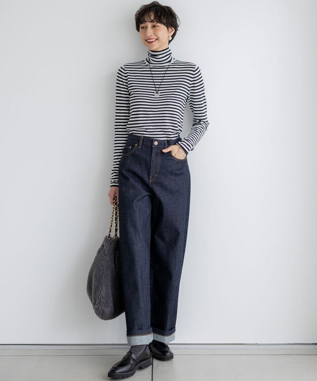 23区 S 【CLASSY.掲載/洗える】スムージーコットン タートルネック ニット オフ×チャコール系