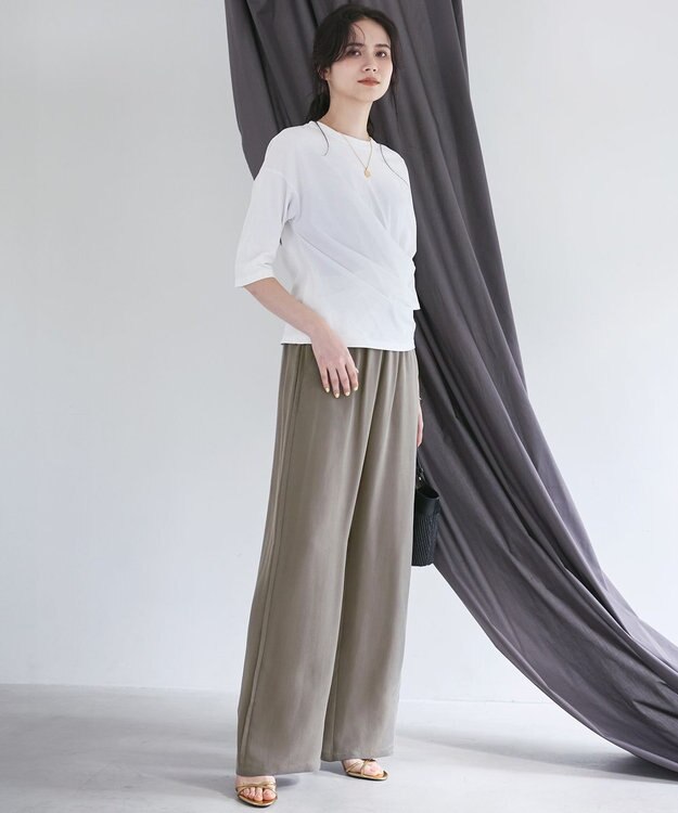 23区 【SLOW/一部店舗限定】キュプラフィブリルクロス サイドライン ワイドパンツ カーキ系