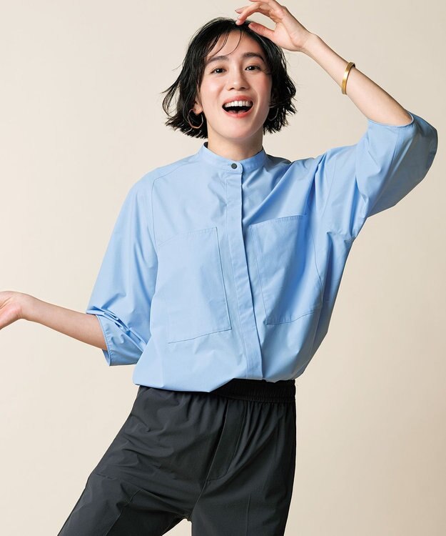 UNFILO FINE MOVE バンドカラーシャツ サックス