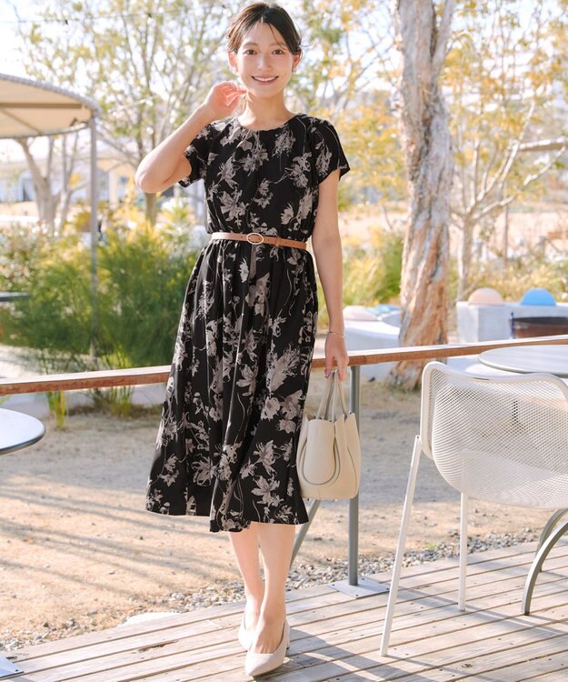 Tiaclasse 【2点セット】ニットボレロ＋花柄ワンピースセット ブラック×ブラック