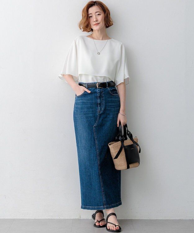 23区 【吸水速乾/UVカット/接触冷感】ストレッチジョーゼット  ケープデザイン カットソー ホワイト系