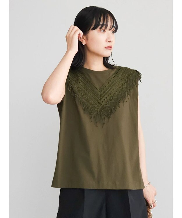 Green Parks ・ＳＵＧＡＲ　ＳＰＯＯＮ　フリンジフレンチＴシャツ Khaki