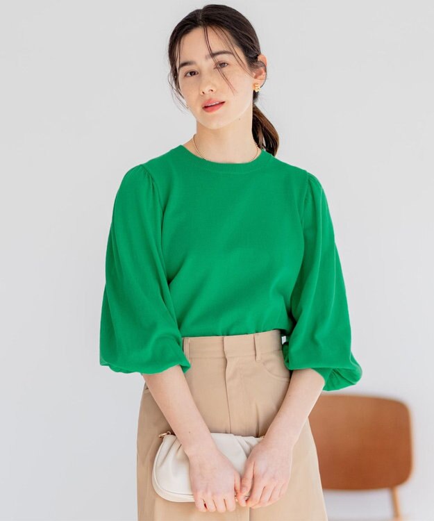 組曲 【アンサンブル対応】ハイゲージ 袖ギャザーニット ダークグリーン系