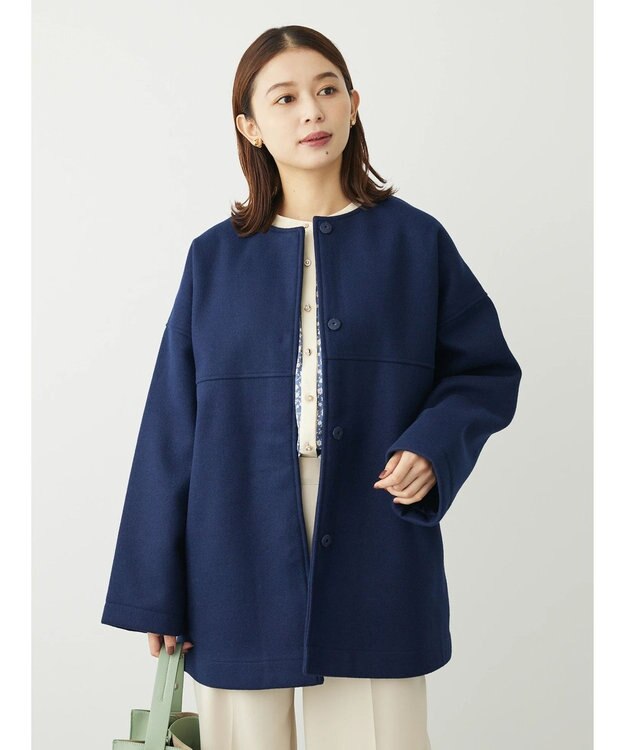 Green Parks 洗えるノーカラーショートコート Dark Navy
