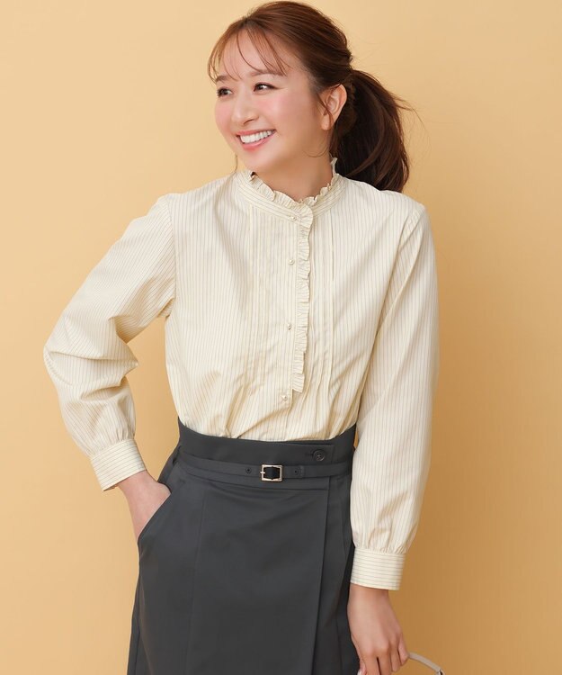 ANY SIS S フリルスタンド シャツ イエローストライプ