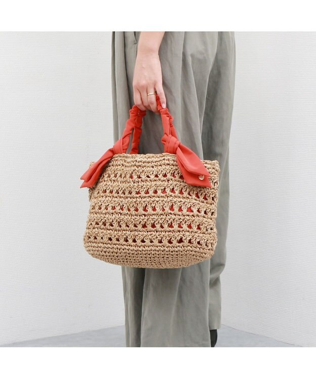 UNBILLION カシュカシュ cachecache / 下がりリボン柄編みトートバッグ オレンジ