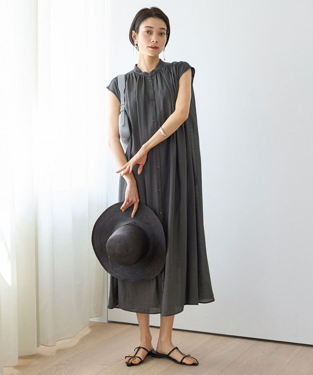 UNFILO ヴィンテージシアー ギャザーワンピース チャコール