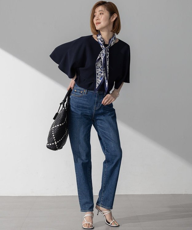 23区 L 【吸水速乾/UVカット/接触冷感】ストレッチジョーゼット  ケープデザイン カットソー ネイビー系