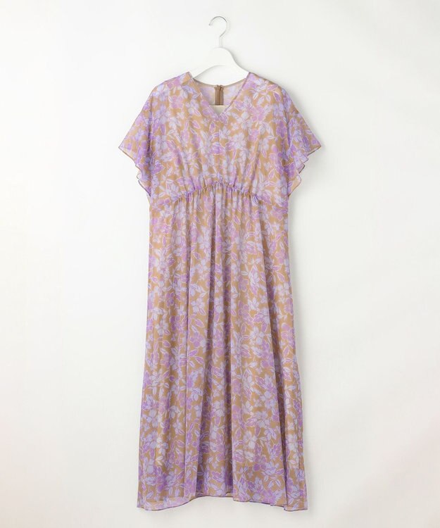 自由区 L ハーバリウムフラワープリントVネック ワンピース サンタンブラウン×ラベンダー