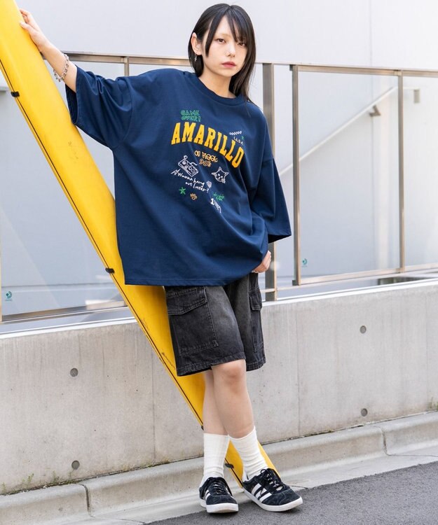 WEGO 【速乾/ひんやり/ユニセックス着用ITEM】接触冷感フロッキープリントグラフィックT（SS） ネイビー