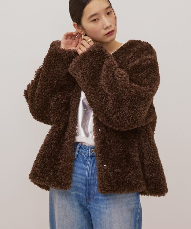 AMERICAN HOLIC ノーカラーフェイクファーコート Brown