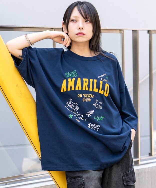 WEGO 【速乾/ひんやり/ユニセックス着用ITEM】接触冷感フロッキープリントグラフィックT（SS） ネイビー