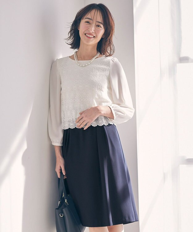 ANY SIS L 【洗える】レースコンビバックサテン ワンピース ネイビー