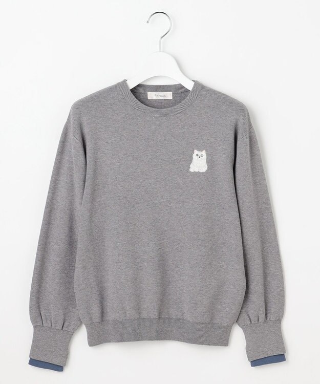 Feroux 【猫カフェMOCHAコラボ】しらたまくん刺繍 ニット グレー系