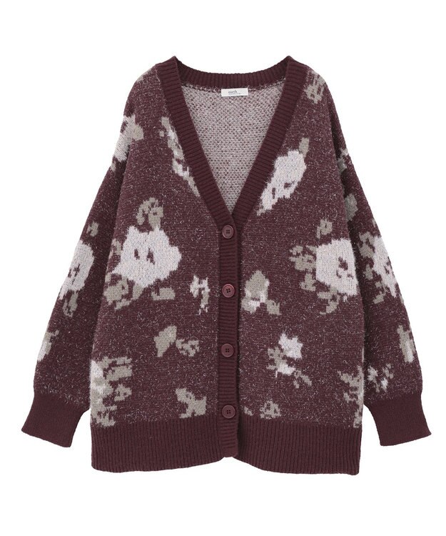earth music&ecology フラワージャガードラメシャギーカーディガン Bordeaux