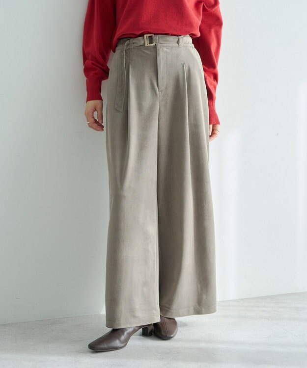 YECCA VECCA ベルテッドカルゼ起毛ワイドパンツ Gray Beige