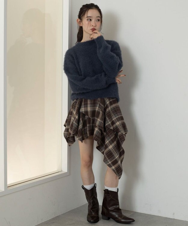 WEGO アシンメトリーチェックミニスカパン ブラウン