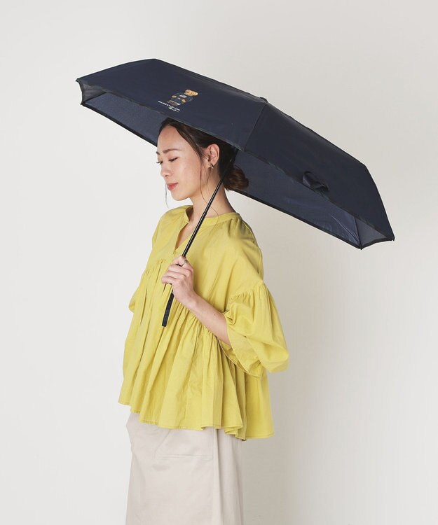 MOONBAT 【WEB限定/軽量】POLO RALPH LAUREN（ポロ ラルフローレン） 折りたたみ傘 ポロベア×チェックパイピング 無地 FLAG BEAR ネイビーブルー