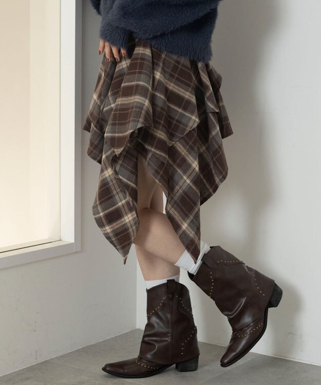 WEGO アシンメトリーチェックミニスカパン ブラウン
