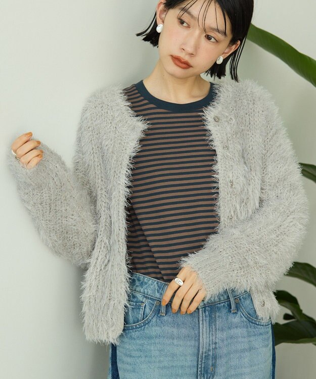 AMERICAN HOLIC シャギーニットクルーネックカーディガン Gray Beige