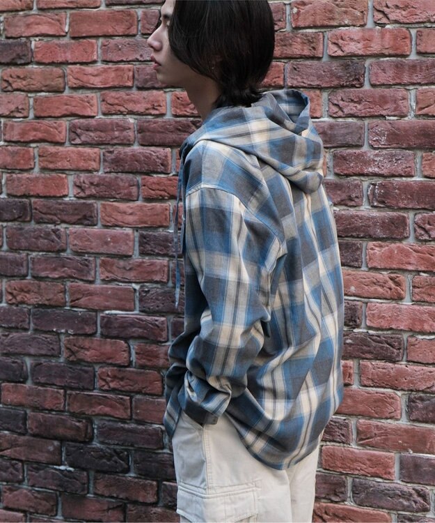 WEGO オンブレチェックフードシャツ（LS） ブルーチェック1
