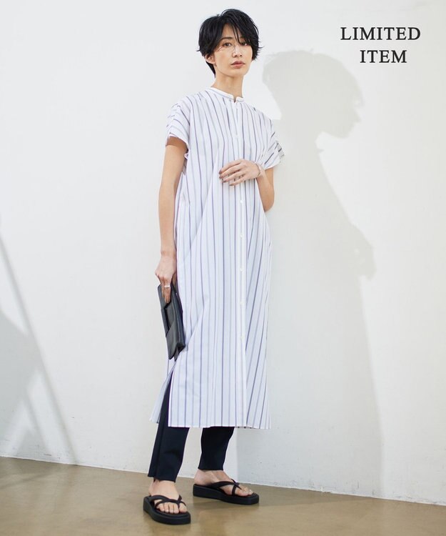 ICB 【WEB限定・洗える】 バンドカラーワンピース オフホワイトストライプ系