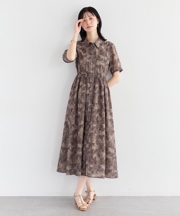 YECCA VECCA サファリ柄フレアシャツワンピース Beige