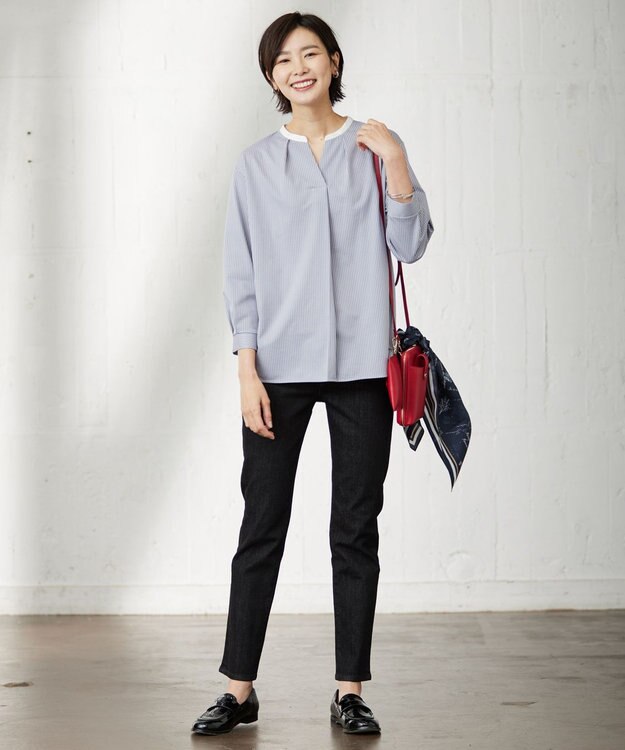 J.PRESS LADIES L ピンストライプジャージー バンドカラー スキッパー カットソー ライトグレー系1