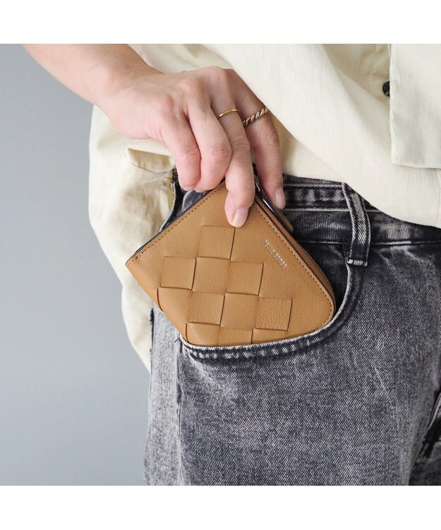 PELLE BORSA メッシュL字ファスナーミニ財布 Chrono Weave クロノウィーブ 5842 キャメル