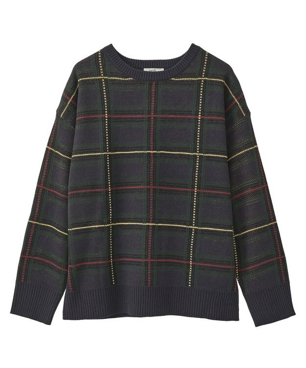 earth music&ecology チェックジャガードニットプルオーバー Check Navy