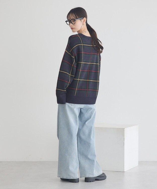 earth music&ecology チェックジャガードニットプルオーバー Check Navy