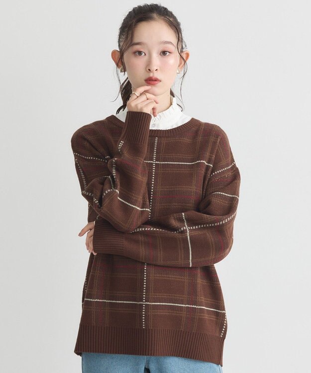 earth music&ecology チェックジャガードニットプルオーバー Check Brown
