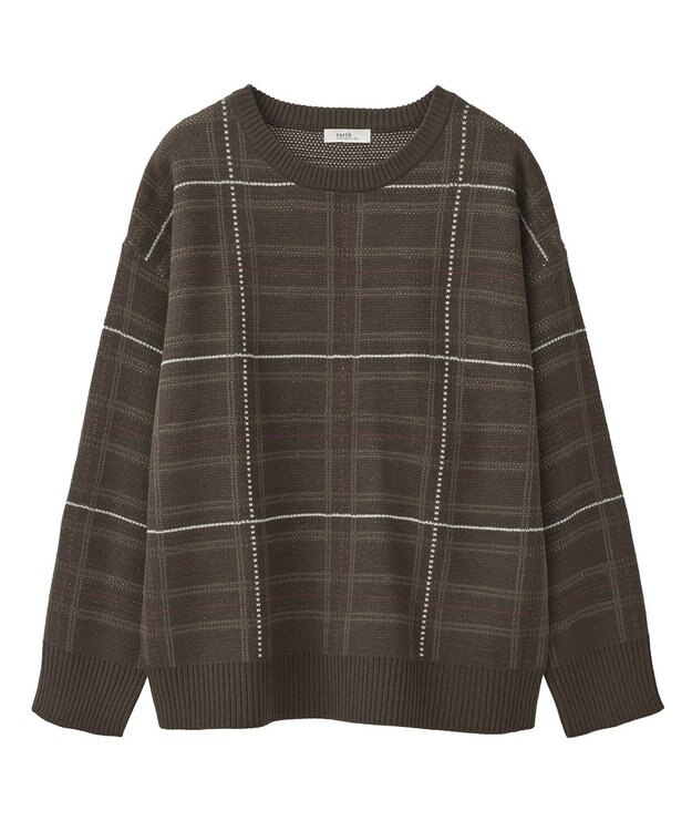 earth music&ecology チェックジャガードニットプルオーバー Check Brown