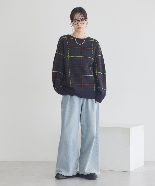 earth music&ecology チェックジャガードニットプルオーバー Check Navy