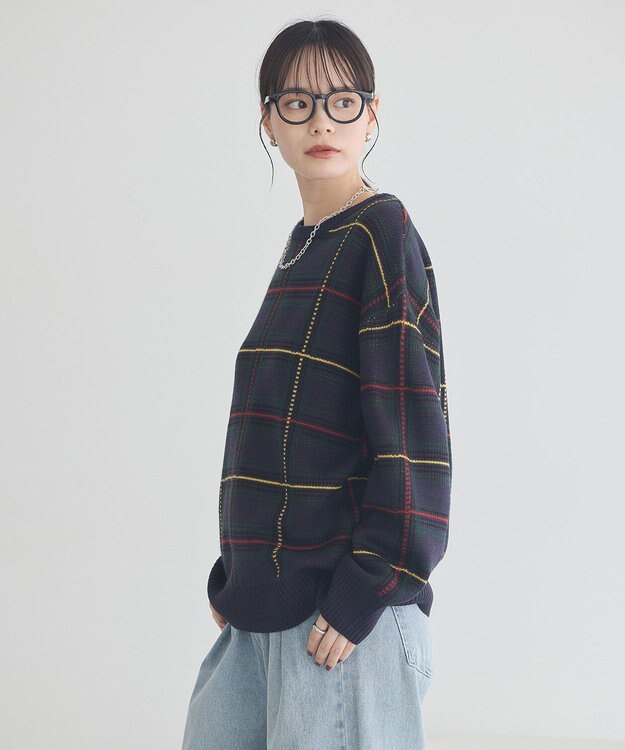 earth music&ecology チェックジャガードニットプルオーバー Check Navy