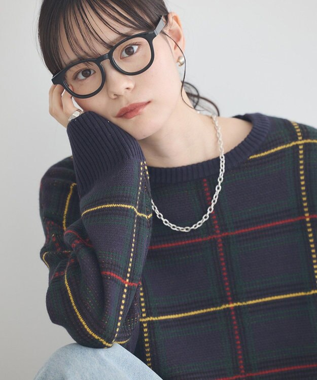 earth music&ecology チェックジャガードニットプルオーバー Check Navy