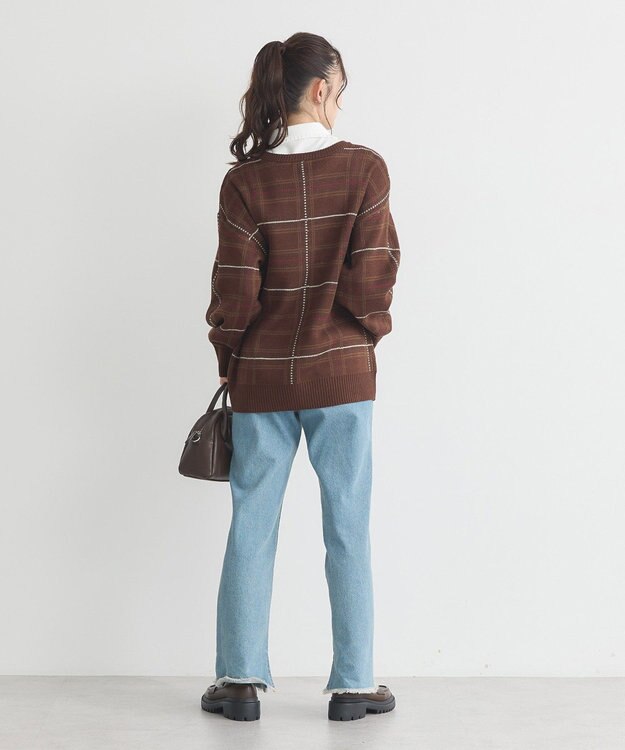 earth music&ecology チェックジャガードニットプルオーバー Check Brown