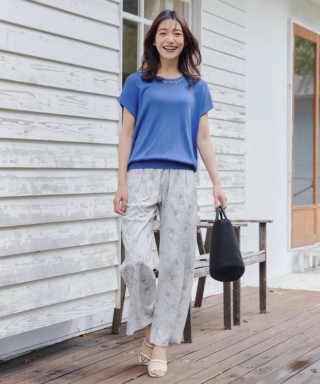 Tiaclasse L 【洗える】ビジュー付きフレンチニット ブルー