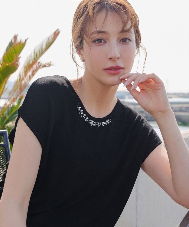 Tiaclasse L 【洗える】ビジュー付きフレンチニット ブラック