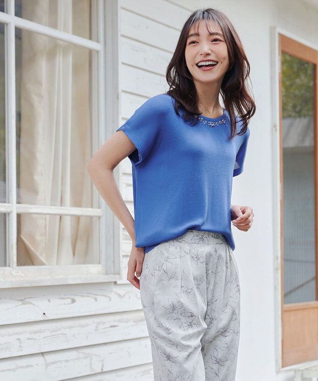 Tiaclasse L 【洗える】ビジュー付きフレンチニット ブルー