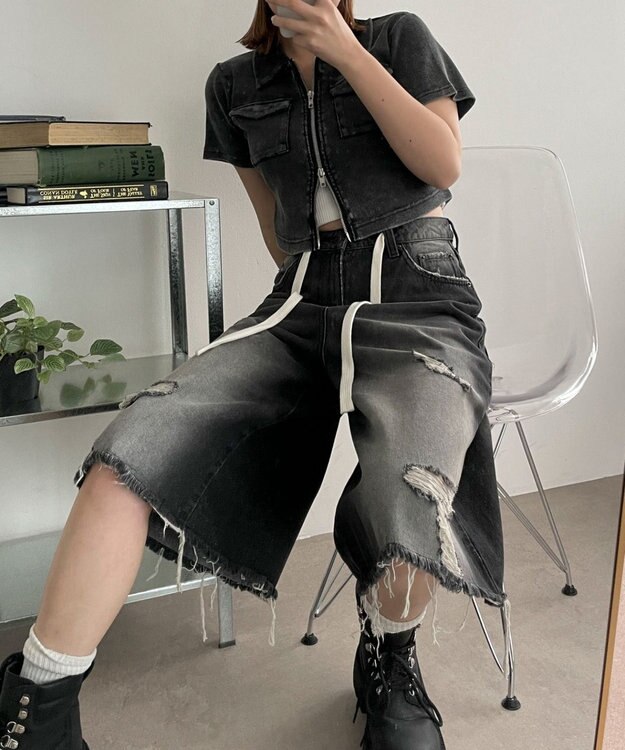 WEGO 【SMサイズ展開】ヴィンテージウォッシュダメージバギーハーフパンツ ブラック