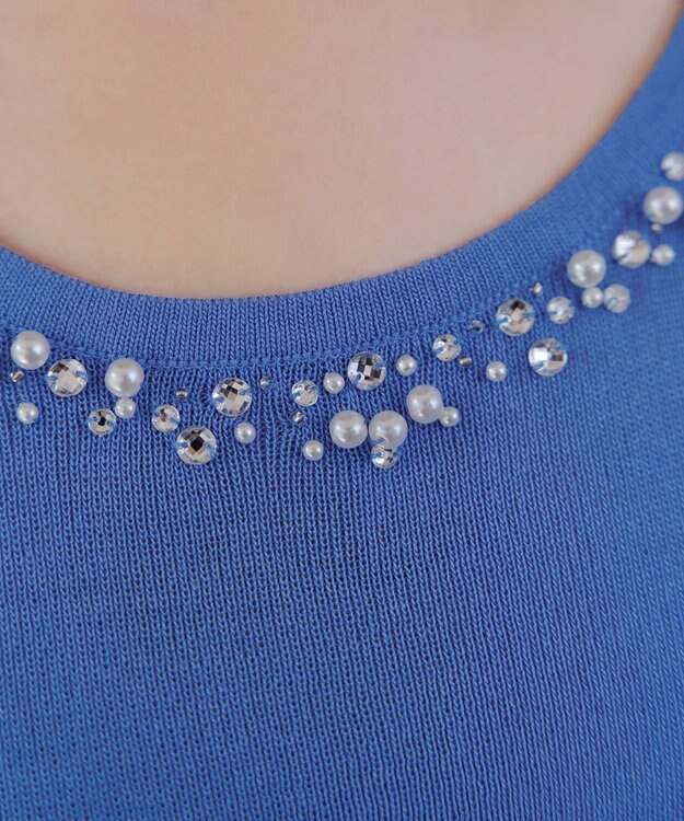 Tiaclasse L 【洗える】ビジュー付きフレンチニット ブルー