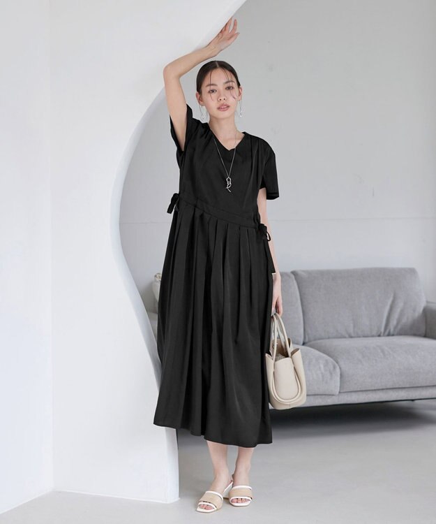 Tiaclasse 【洗える】サイドリボンドロストワンピース ブラック